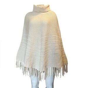 Vintage Talbots 100% Wool Turtleneck Poncho Cape With Fringe Size L/XL In Cream